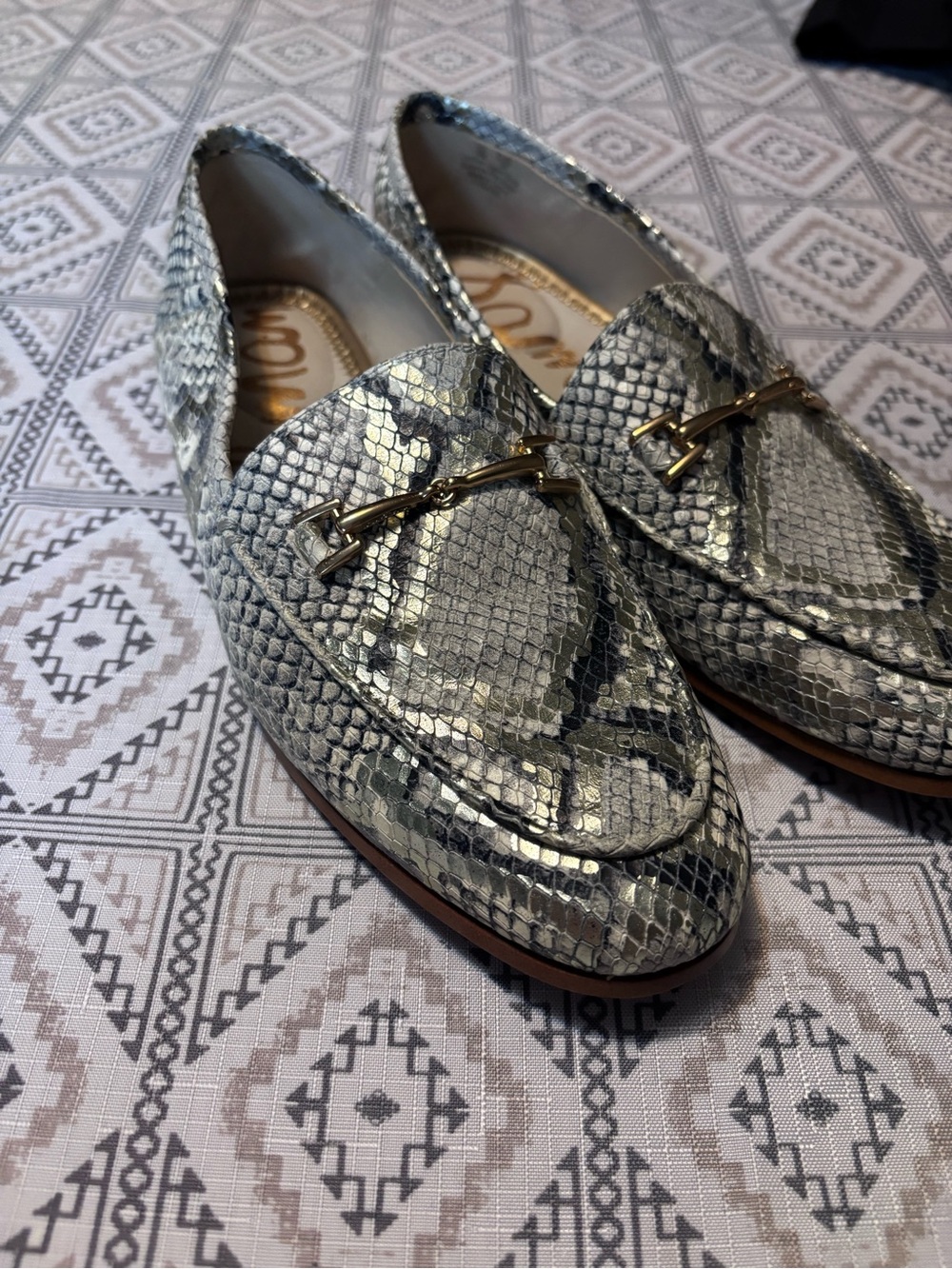 Sam Edelman Silver & Black Snake-Print Loafers with Gold Bit